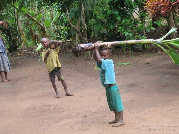 フィールド写真：バナナの苗と子どもたち