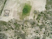 凧につけたカメラから撮影した、ナミビア北部農村のある世帯の住居と畑です。畑にはトウジンビエなどの作物が全面的に植えられていますが、木の周りの一部だけ、やけに緑が目立ちます。木の周りの作物の生育が良いのか、除草がされていないのか、播種の時期が異なっていたのか、理由はまだわかりません。撮影：藤岡悠一郎, 2005年3月 